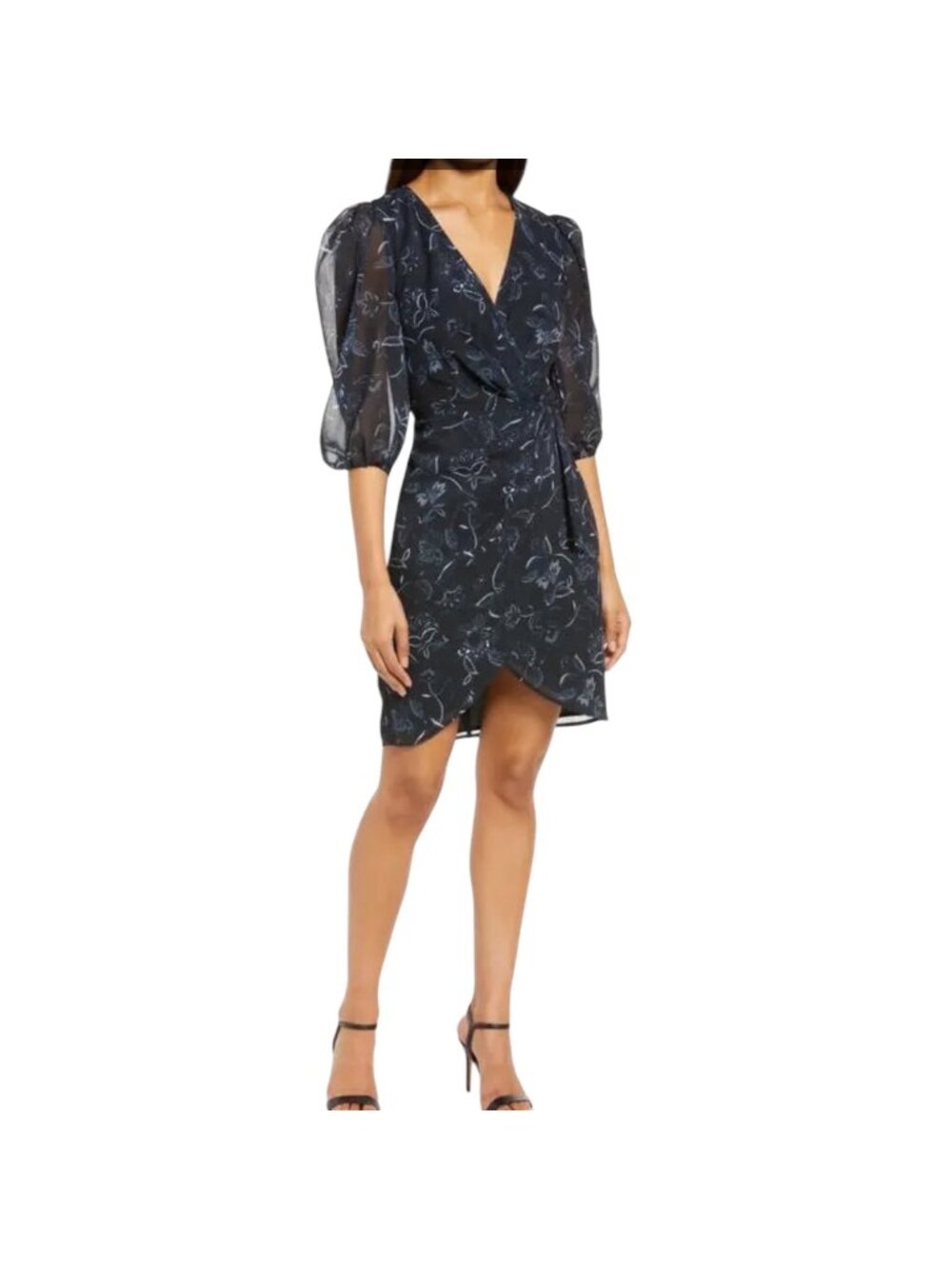 Halogen Women's Navy Floral Wrap Dress, Sheer Puff Sleeves & Tulip Hem Size M